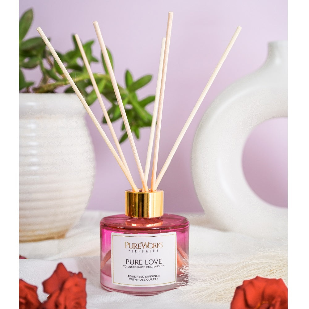 Pure Love Rose Reed Diffuser with Rose Quartz Crystal Energy.