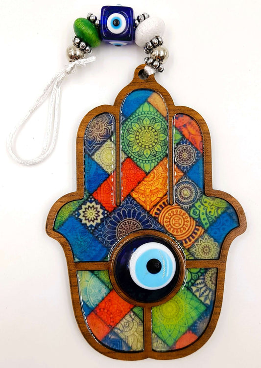 Boho Hamsa Hand with Glass Evil Eye Wall Hanging.