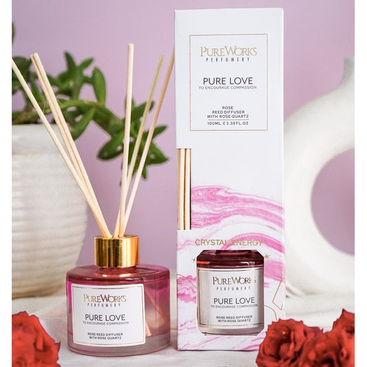 Pure Love Rose Reed Diffuser with Rose Quartz Crystal Energy.