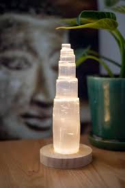 Selenite LED Lamp 10cm on wooden base.
