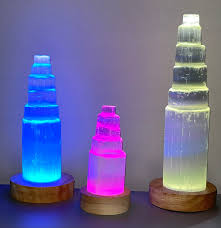 Selenite LED Lamp 10cm on wooden base.